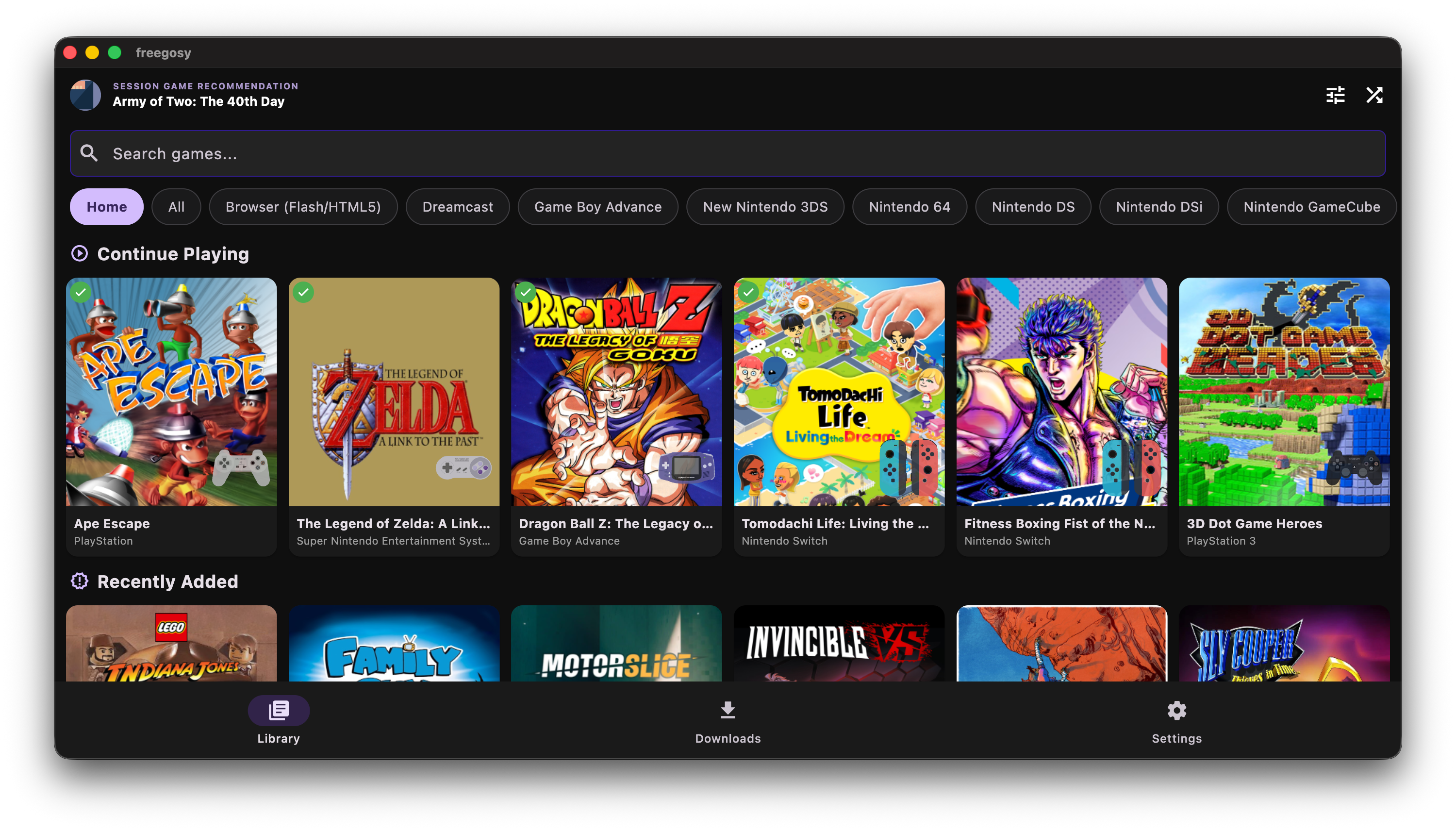 Freegosy library view with game cards