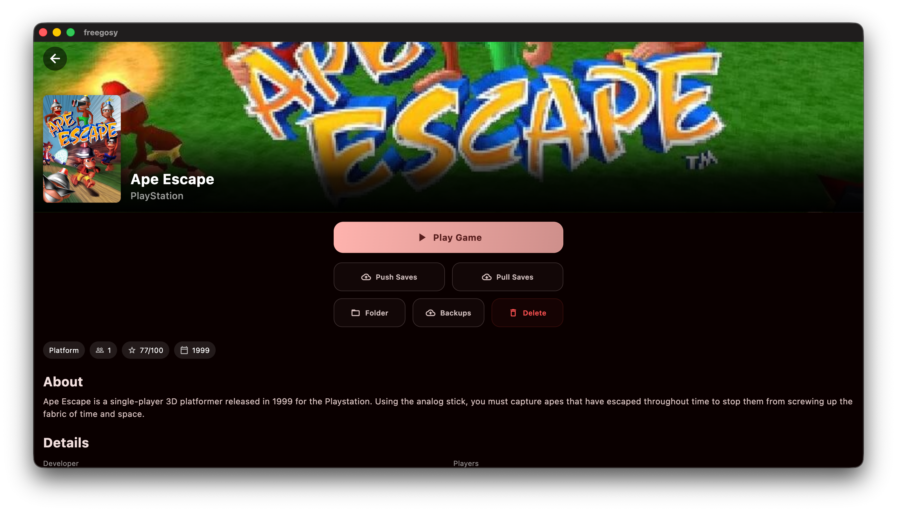 Freegosy game page with metadata and screenshots